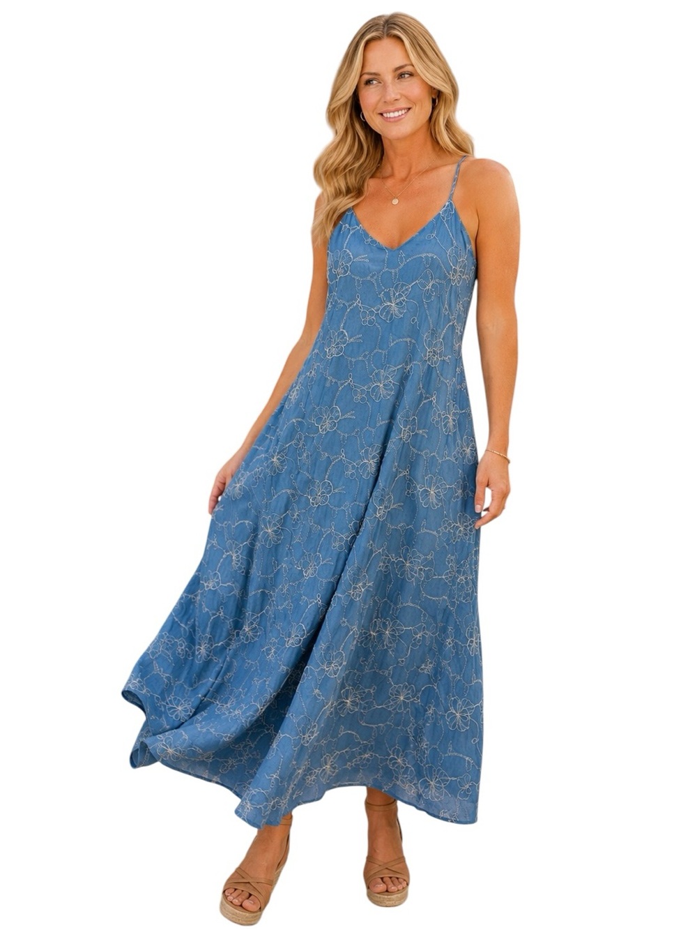 NICOLE MILLER Embroidered Halter Maxi Dress Blue Women’s Size  Large NWT